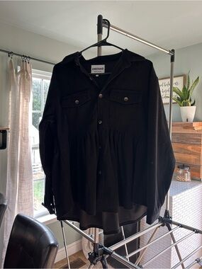 JINZHAO Black Button-Up Peplum Corduroy Shirt